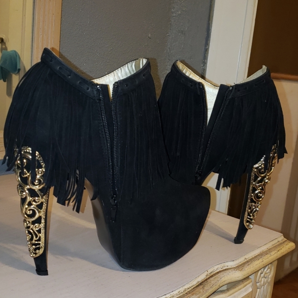 Black suede fringe heels